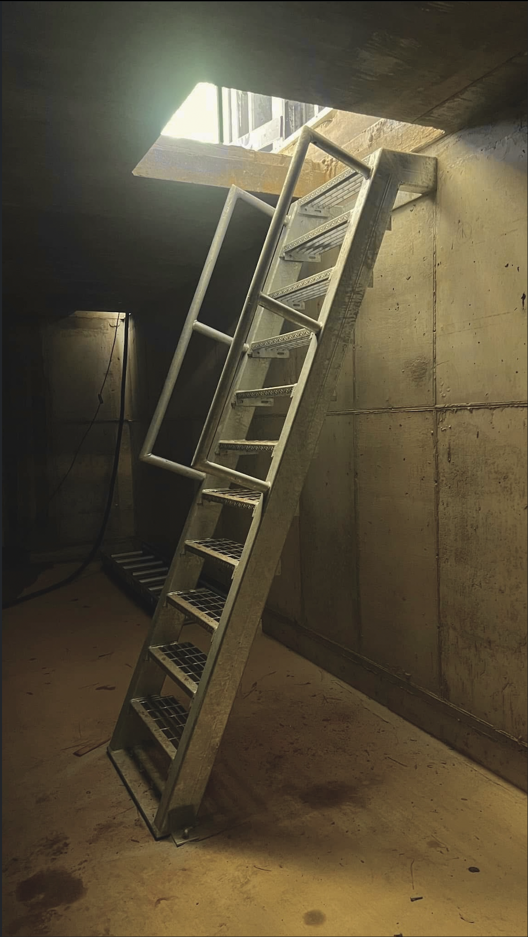 A metal ladder leaning against a concrete wall with a large opening above, allowing natural light to illuminate the scene, likely taken at a construction site or basement.