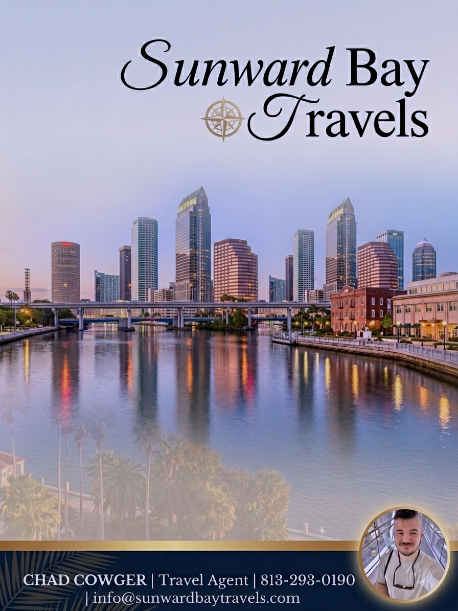 Sunward Bay Travels promotional flyer with a city skyline, river, and palm trees, featuring contact details and a photo of a man named Chad Cowger.