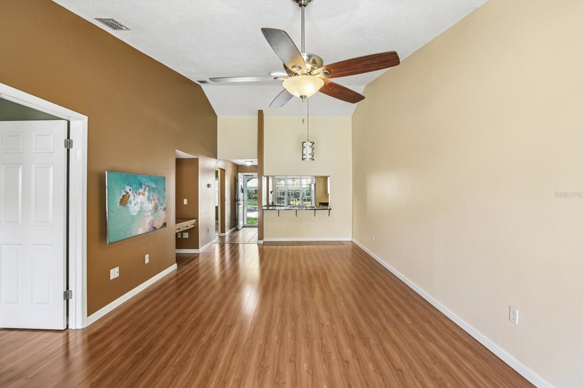The living space provides each access to the 2nd bedroom and patio.