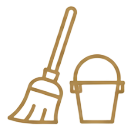 Gold housekeeping icon featuring a broom and bucket, representing villa cleaning and housekeeping services.