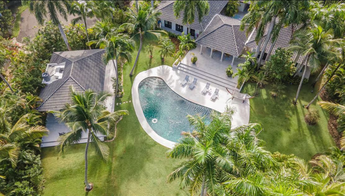 Aerial view of a backyard with a swimming pool, surrounded by palm trees, green lawn, and a house with a tiled roof.
