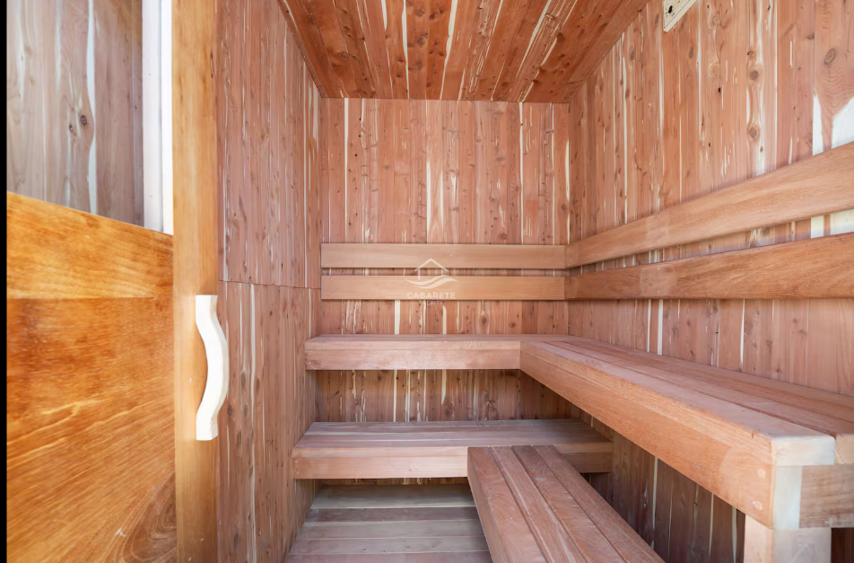 Cedar wood sauna with built-in benches at a kosher luxury villa, Dominican Republic
