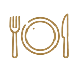 Gold dining tableware icon featuring a plate, fork, and knife for luxury dining experiences.