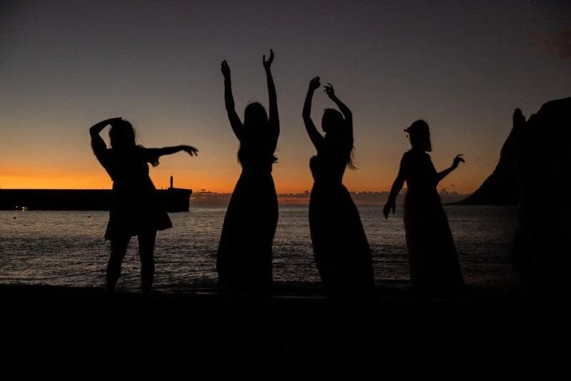 Silhouettes of five women dancing on a beach during sunset.
