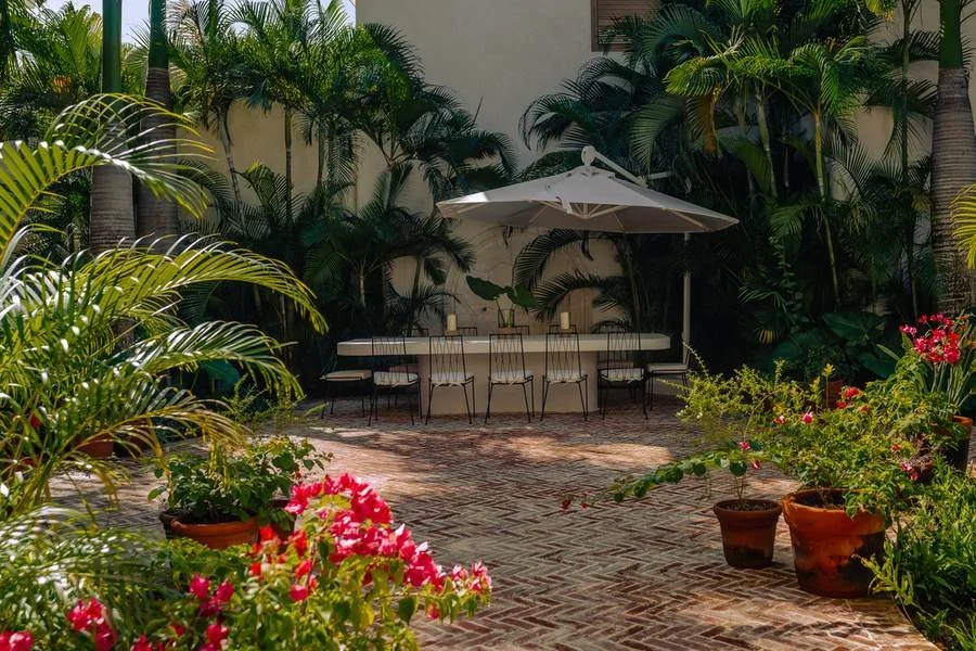 A lush outdoor patio garden with tropical plants, potted flowers, and a shaded seating area with chairs and a large umbrella.