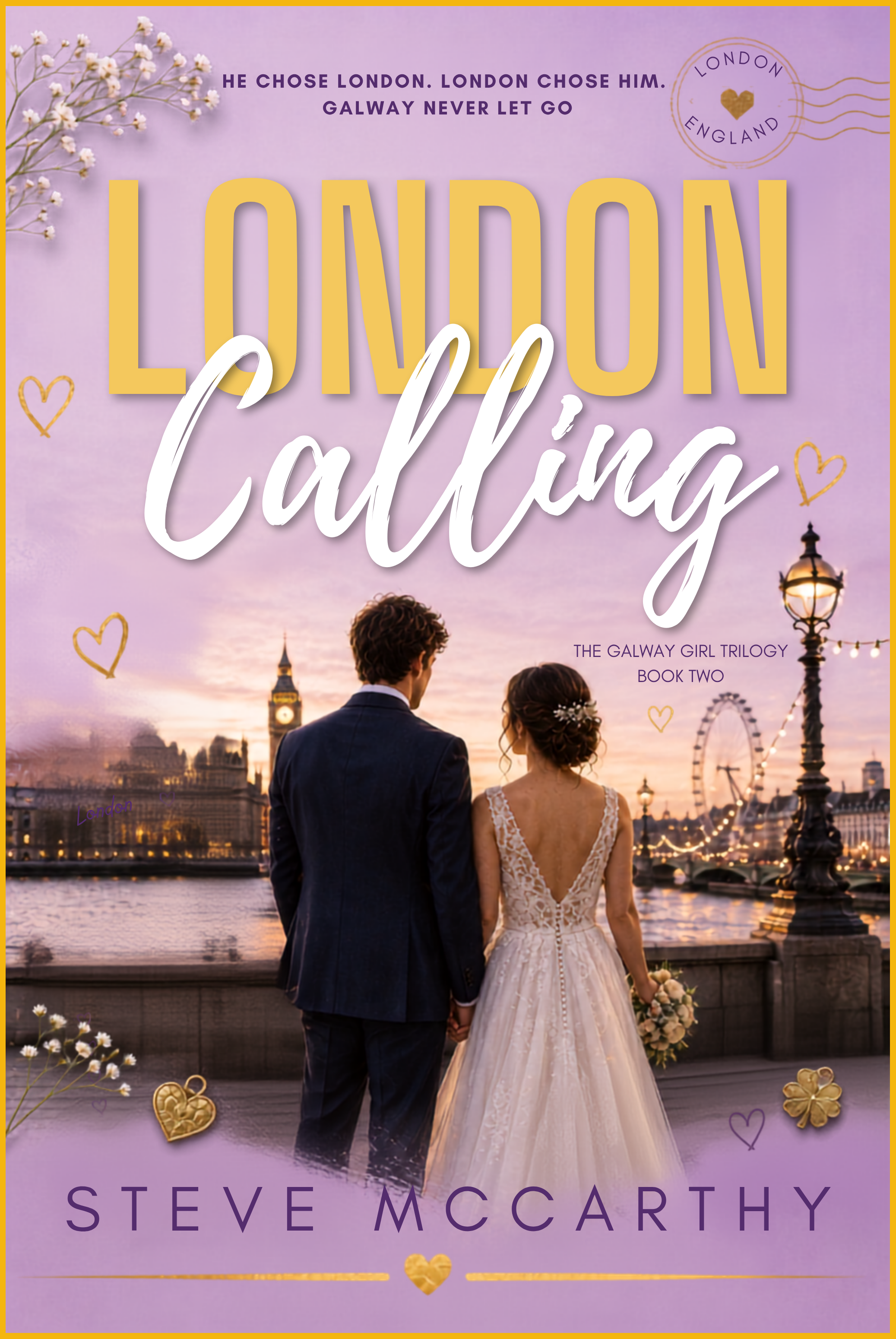 A bride and groom hold hands on a bridge overlooking the River Thames in London, with Big Ben and the London Eye visible at sunset, surrounded by floral and heart decorations.