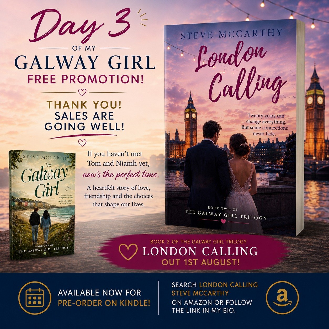 Day 3 of my FREE Kindle promotion, and I just wanted to say... thank you! 😊

I'm genuinely blown away by the number of people who have downloaded The Galway Girl over the last few days. Whether you've already started reading or it's waiting patientl