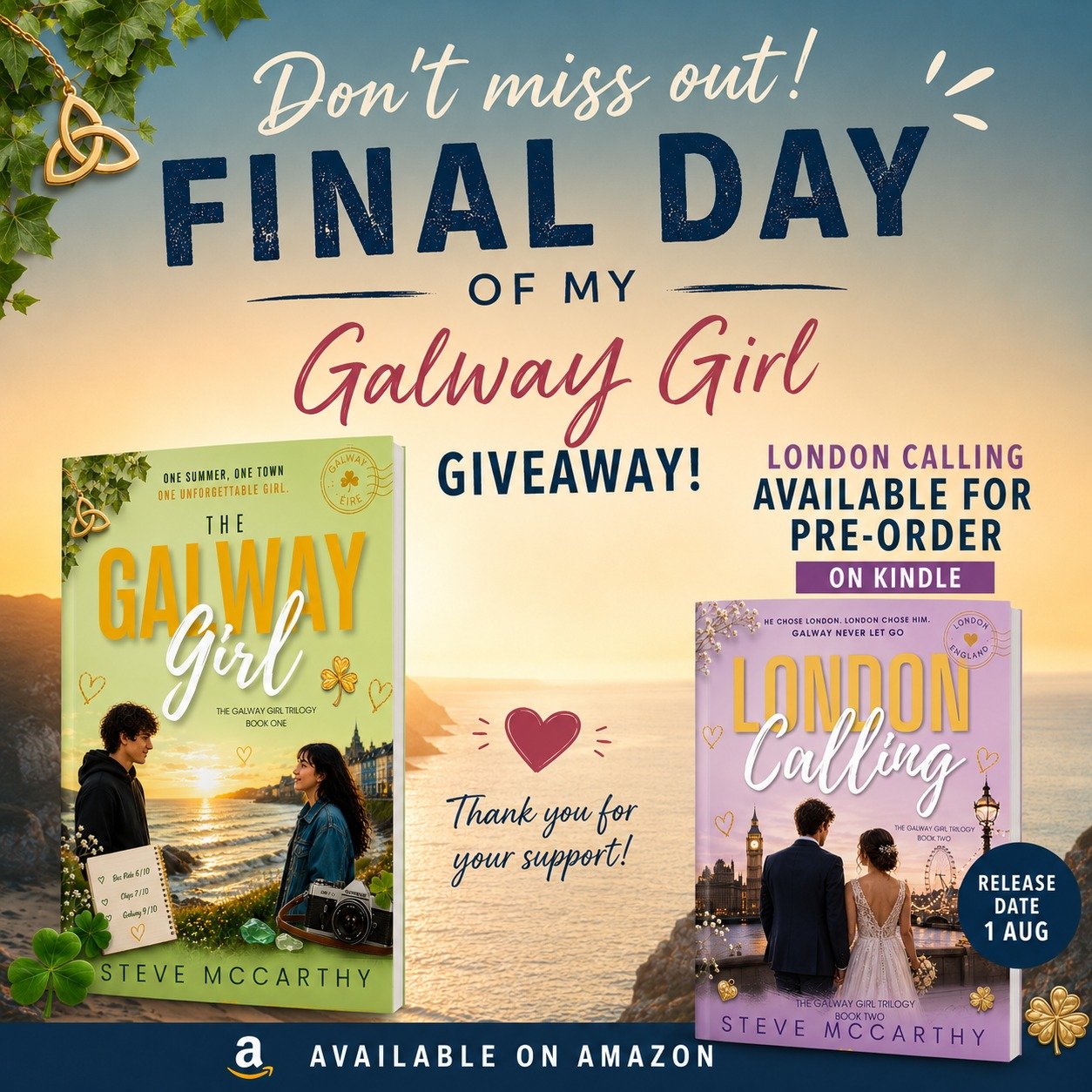 🚨 Last chance! 🚨

Today is the final day to download The Galway Girl for FREE on Kindle! If you've been meaning to start the series, now's the perfect time.

And the story continues... London Calling is now available to pre-order on Kindle, with re
