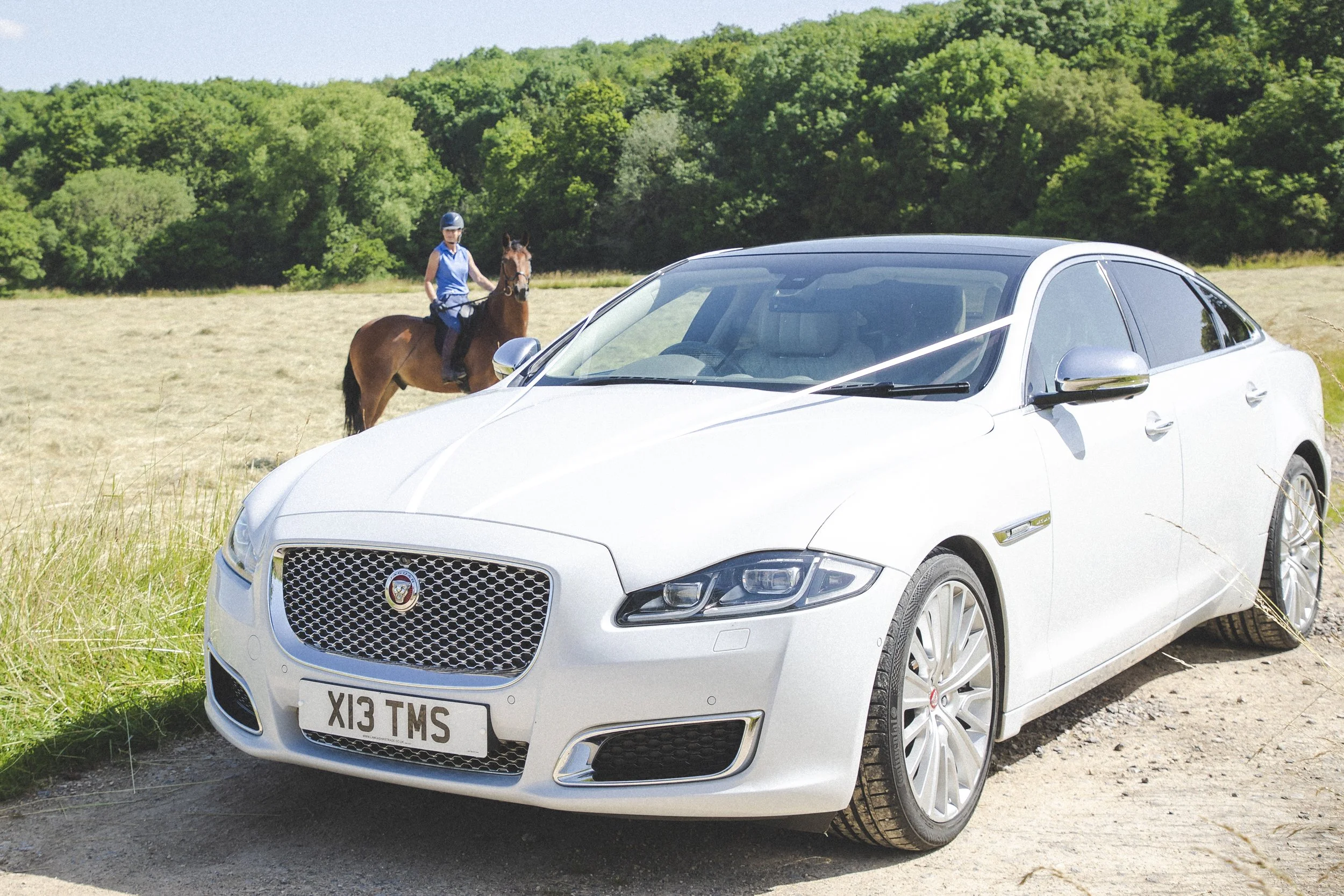 A white car parked on a grassy field with a person riding a horse in the background near green trees.