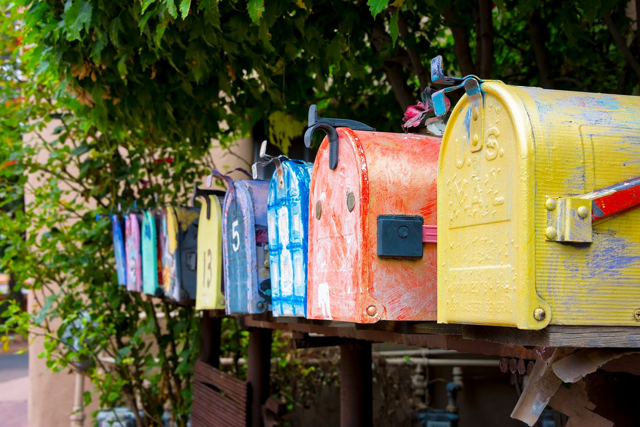 Colorful mailboxes mounted on a wooden fence with greenery in the background.
