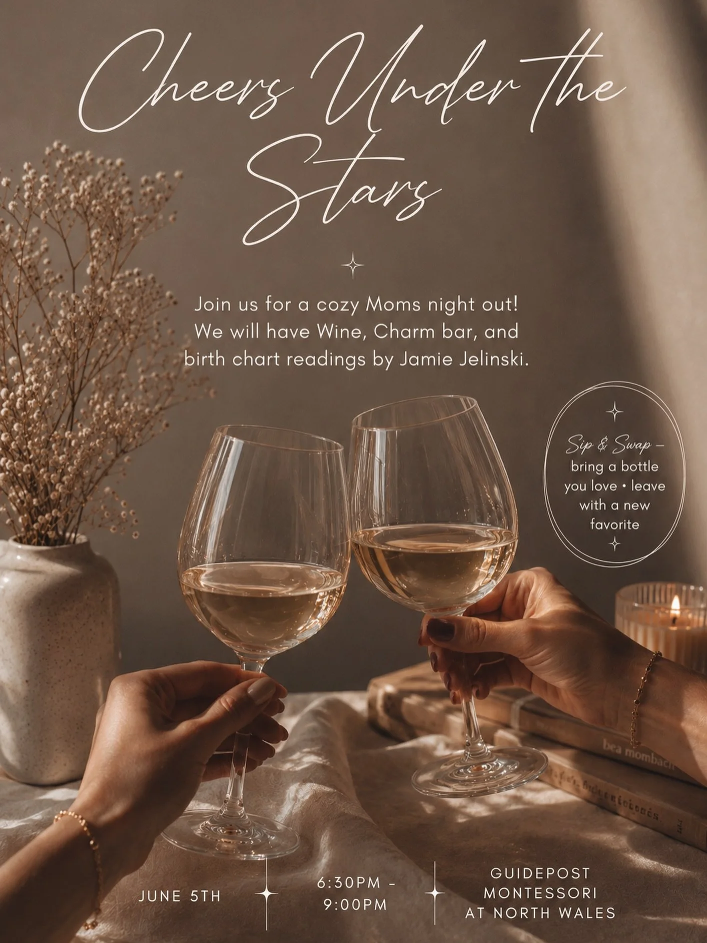I&rsquo;m so excited to be partnering with Guidepost Montessori at North Wales for the coziest Moms Night Out ✨🍷🌙

Join us for a dreamy evening filled with wine, a charm bar, connection, and complimentary mini birth chart readings by me!

A little 