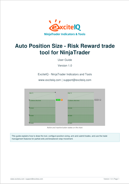 User guide cover page titled 'Auto Position Size - Risk Reward trade tool for NinjaTrader,' with ExciteIQ logo and screenshot of a trading tool interface.