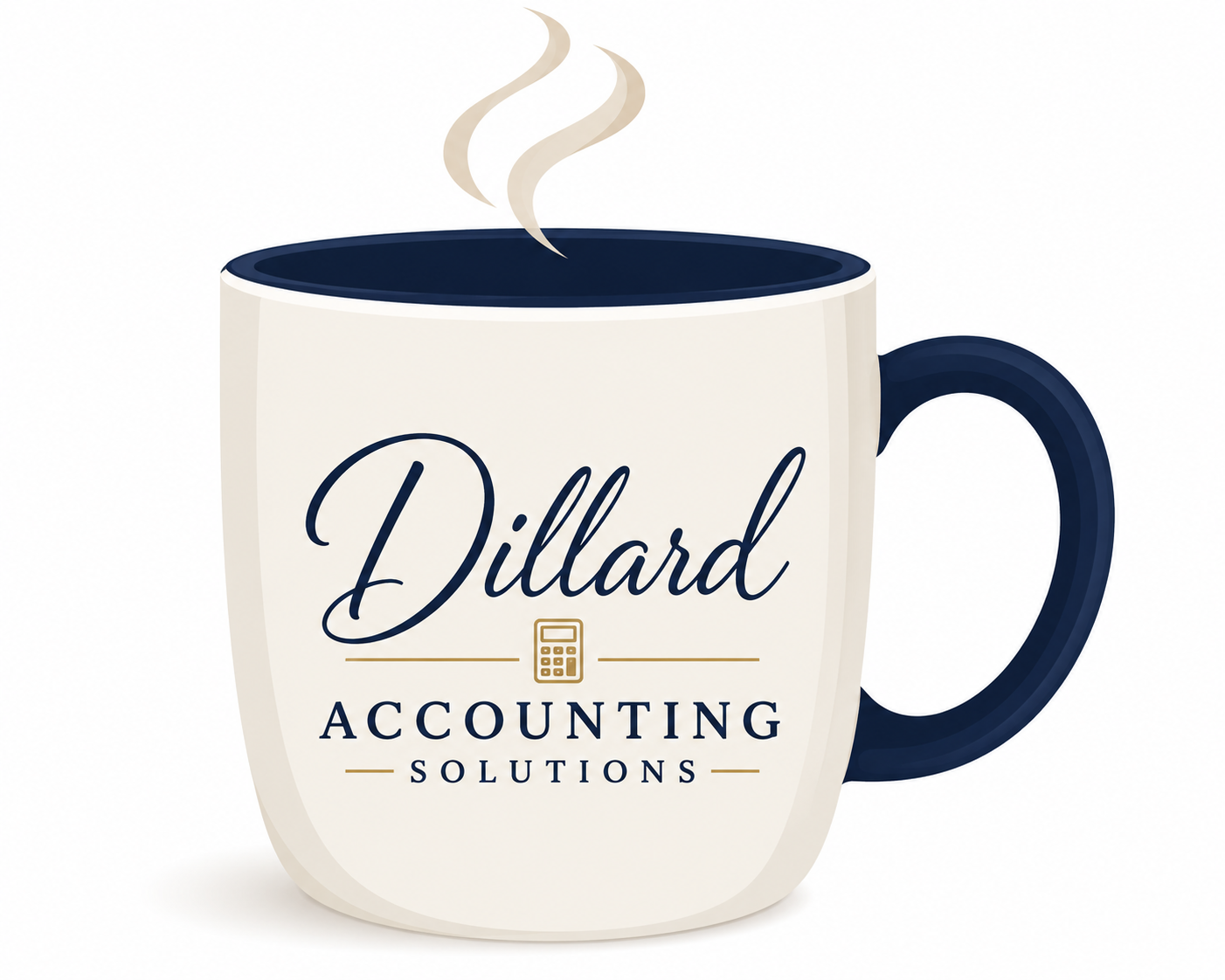 A white coffee mug with blue inner lining and handle, featuring the text 'Dillard Accounting Solutions', a calculator icon, and decorative lines.