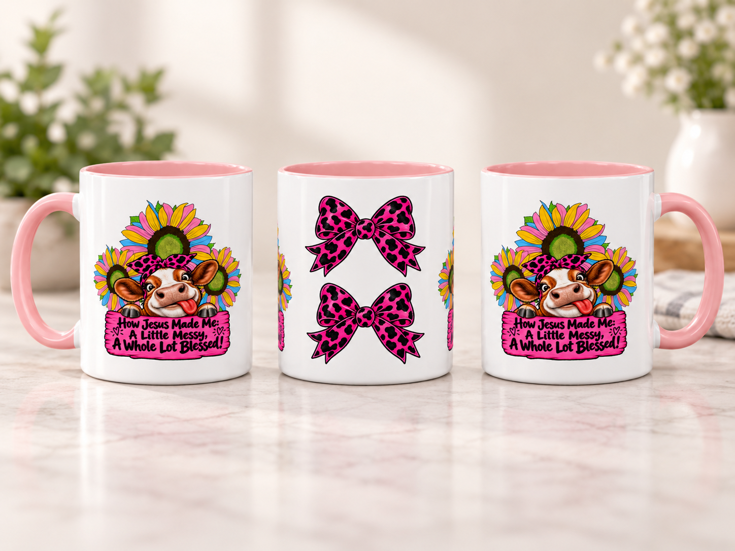 How Jesus Made Me a Little Messy, A Whole Lot Blessed Cow Mug | Funny Christian Coffee Mug | Farmhouse Faith Gift | 11oz & 15oz