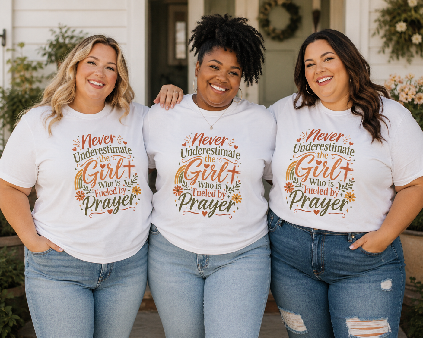 Three women wearing white T-shirts with the motivational quote 'Never underestimate the girl who is fueled by prayer,' standing outside in front of a house decorated with flowers, smiling and posing together.