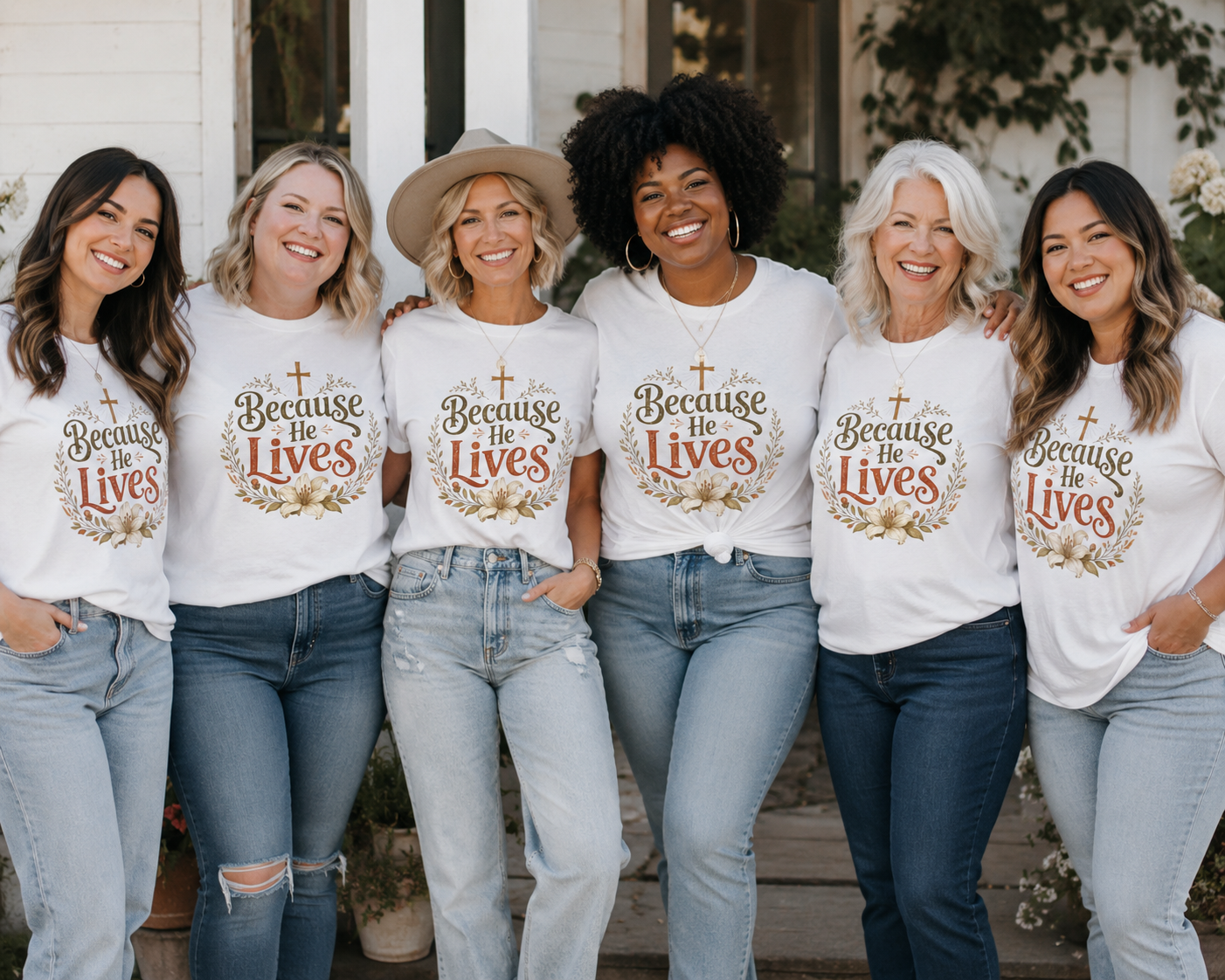 Six women standing together outdoors, smiling, wearing matching white t-shirts with the message 'Because He Lives' and a cross, posing in front of a house with greenery.