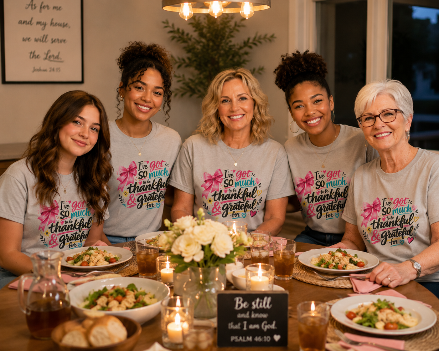 A group of five women, including a young girl and an elderly woman, sit at a dinner table, smiling. They wear matching gray shirts with pink, yellow, blue, and black text that reads, 'I've got so much to be thankful & grateful for.' The table is decorated with flowers, candles, and plates of salad, and a sign reads, 'Be still and know that I am God, PSALM 46:10'.