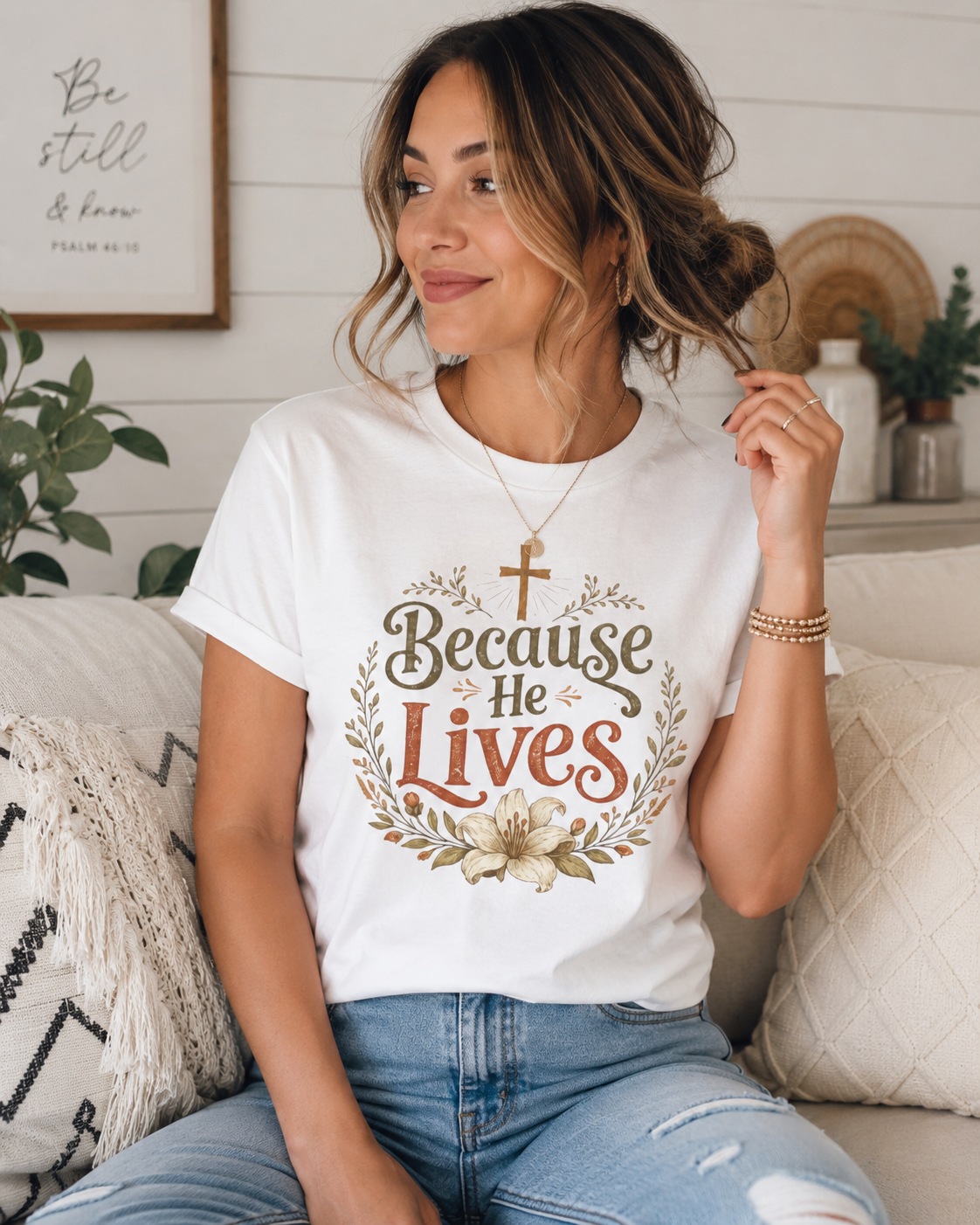 A woman sitting on a beige couch wearing a white T-shirt with the phrase 'Because He Lives' and decorative floral design, in a cozy room with plants and wall decor.