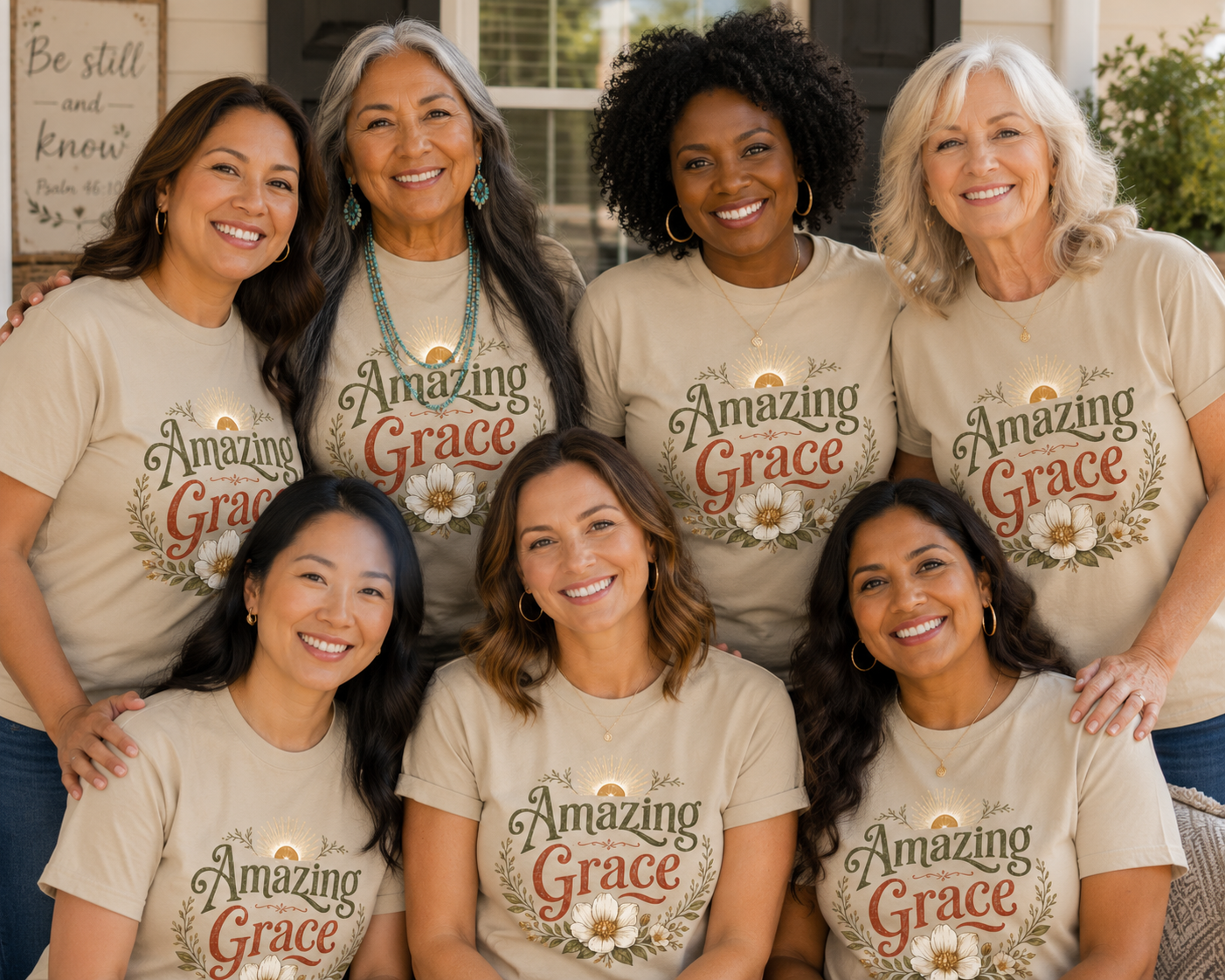 A group of seven diverse women smiling and posing together, all wearing matching beige T-shirts with the words 'Amazing Grace' and floral design on the front.