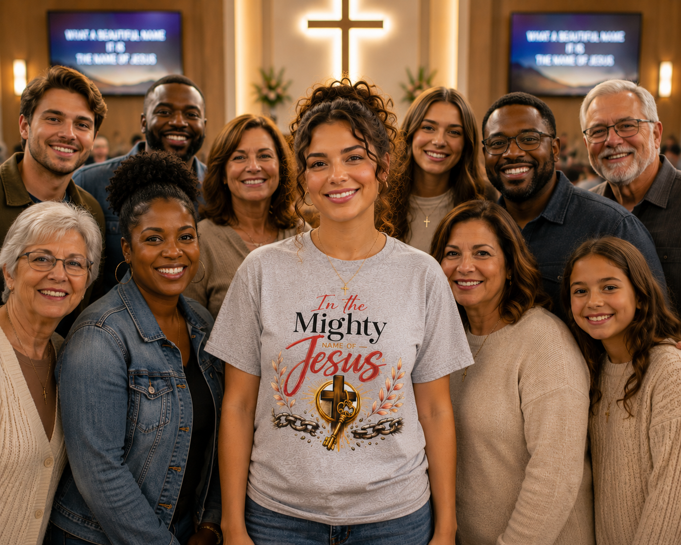 A diverse group of people gathered inside a church with a cross and Bible verse screens in the background. They are smiling and posing for the photo, with a young woman in the center wearing a Jesus-themed t-shirt.