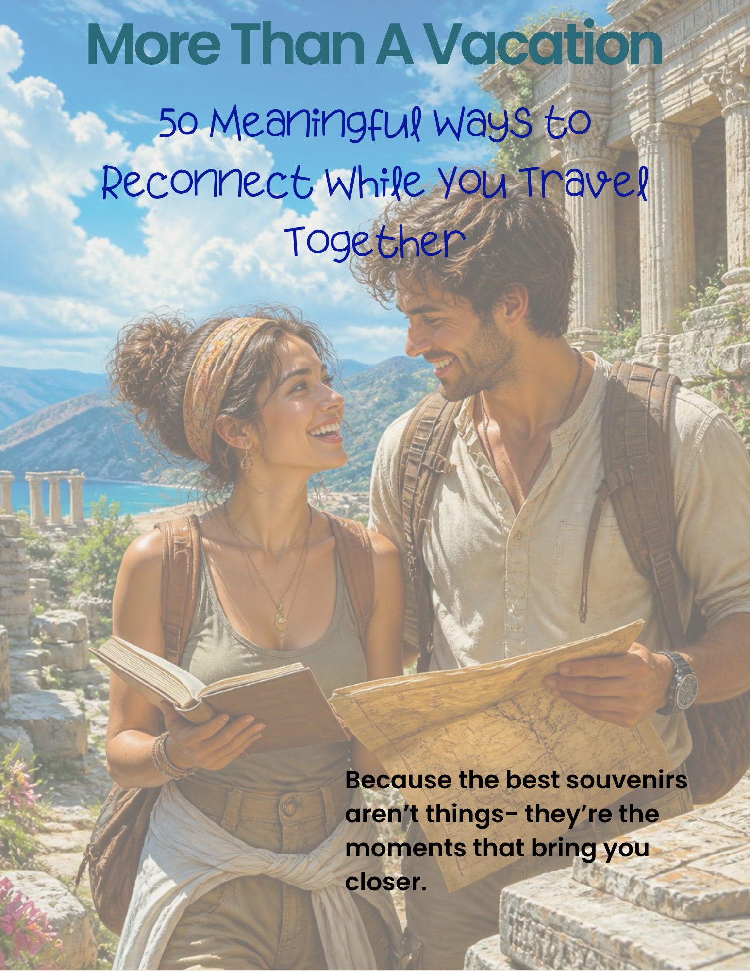 A smiling couple in casual travel clothes standing outdoors near ancient ruins, with the text overlay 'More Than A Vacation: 50 Meaningful Ways to Reconnect While You Travel' and a partial quote about souvenirs.