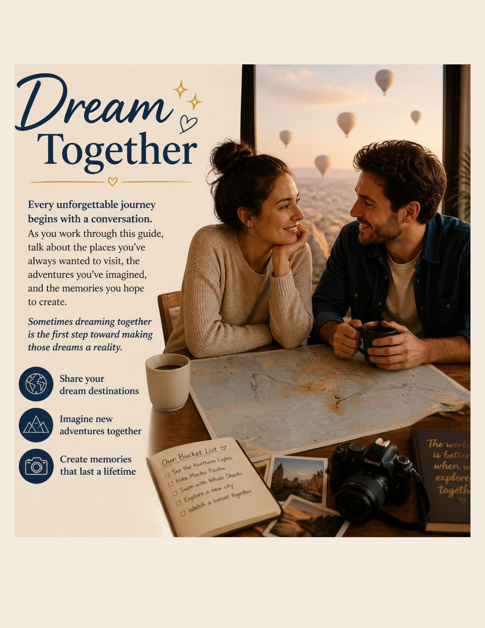 A woman and a man sitting at a table with a world map, notebooks, photographs, a camera, and a cup of coffee, with hot air balloons flying in the sky seen through a window, alongside an inspirational travel-themed poster.