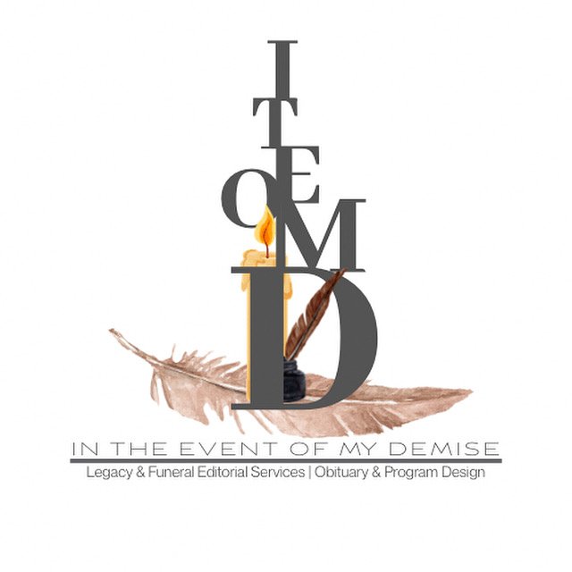 In The Event of My Demise logo featuring a feather quill, candle, ink pen, and stacked typography representing legacy storytelling and preservation.