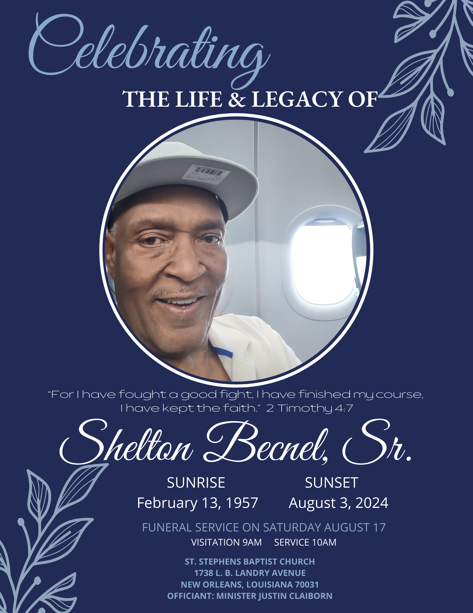 Digital obituary for Shelton Becnel Sr. presented as part of a professionally designed memorial and legacy archive.