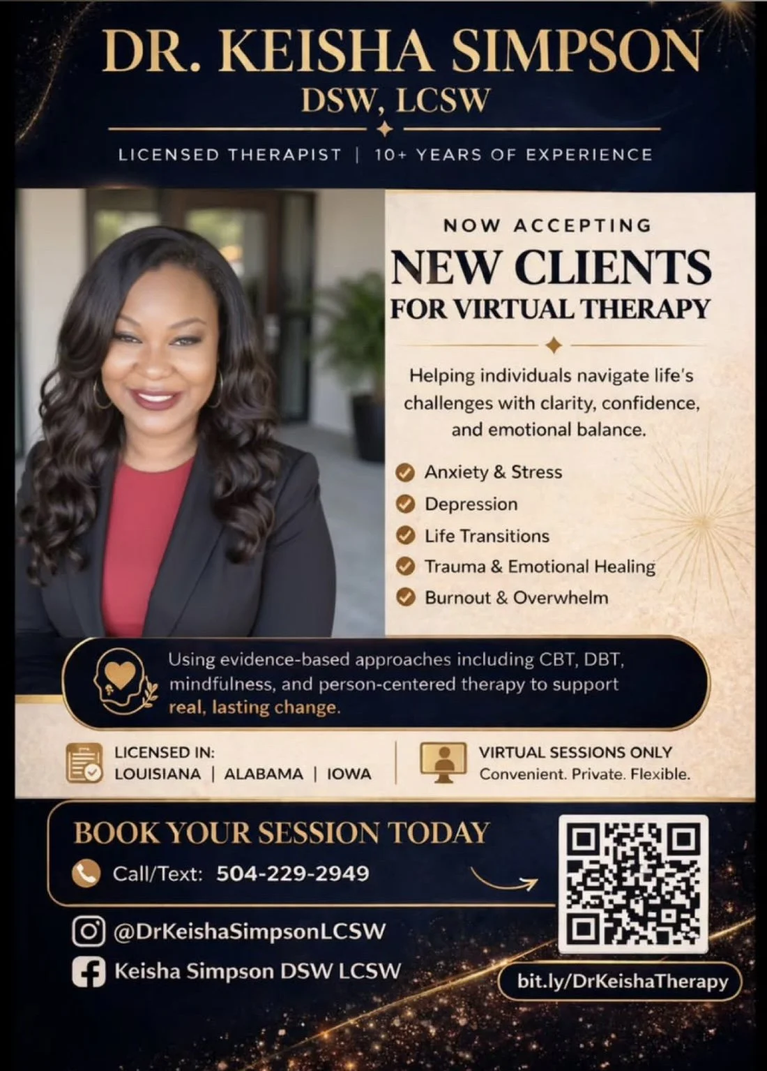 Dr. Keisha Simpson, licensed therapist accepting new clients for virtual therapy, and offering virtual sessions in Louisiana, Alabama, and Iowa.