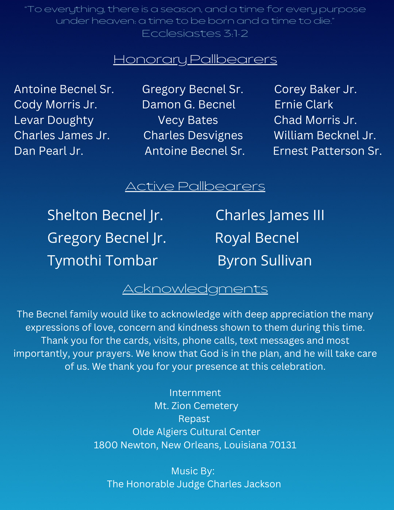 Digital obituary for Shelton Becnel Sr. presented as part of a professionally designed memorial and legacy archive.