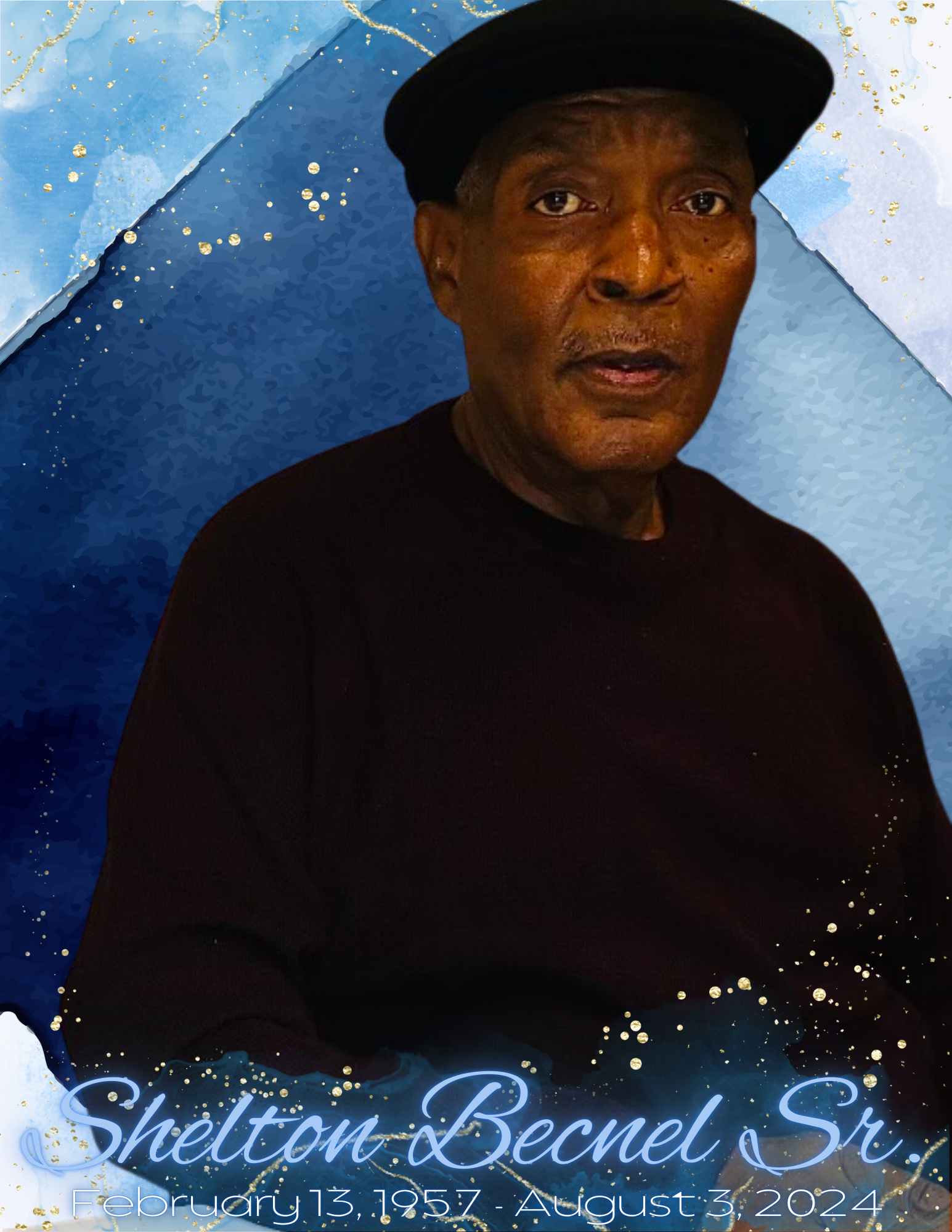 Custom memorial portrait honoring Shelton Becnel Sr., thoughtfully designed to celebrate his life and preserve his legacy.