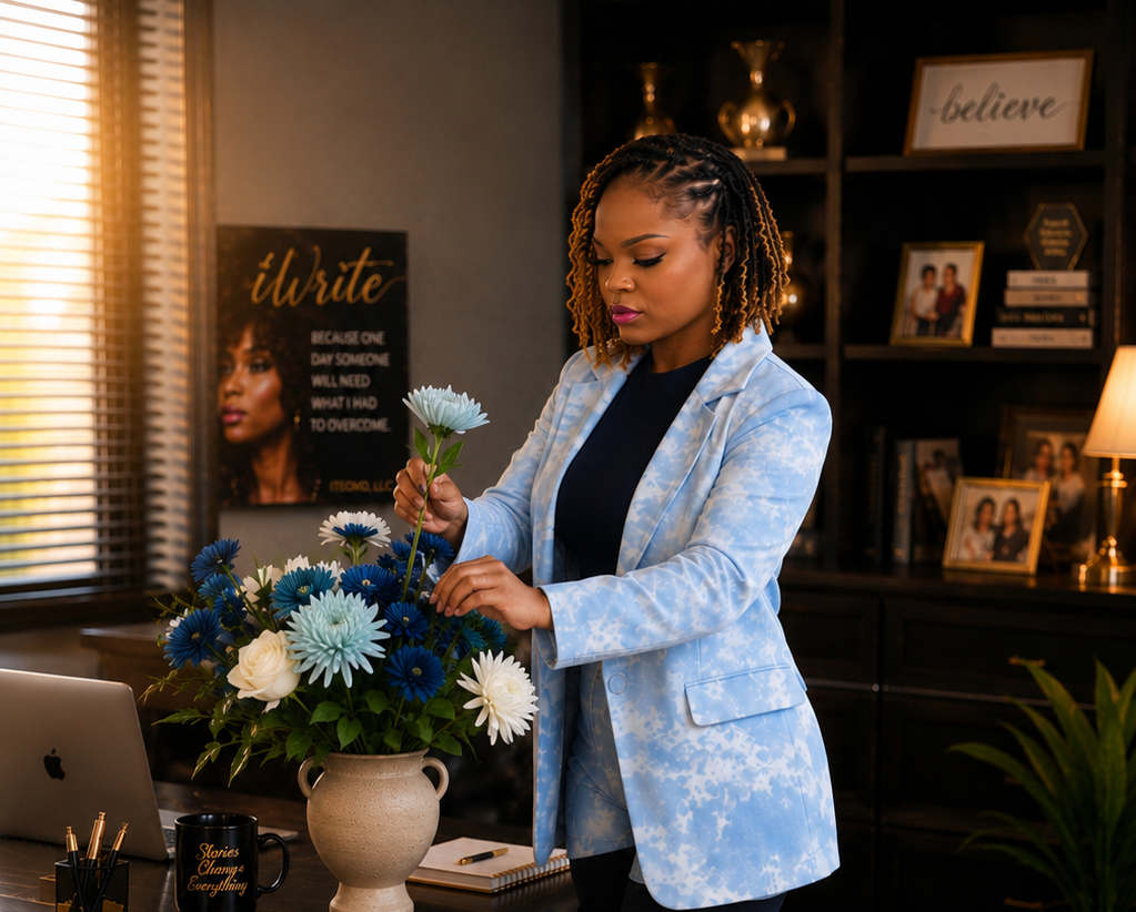 Shayna Cloud, founder and storyteller of ITEOMD, arranging a bouquet of blue, white, and light blue flowers in a beige vase in an office or home office setting.