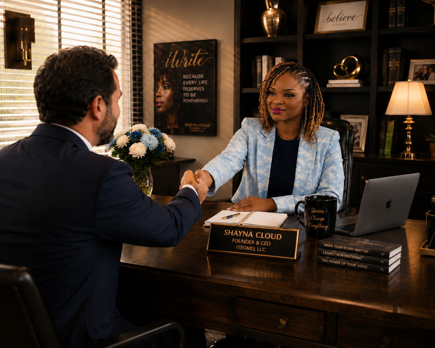 Shayna Cloud meeting with a client to document memories and preserve a personal legacy story.