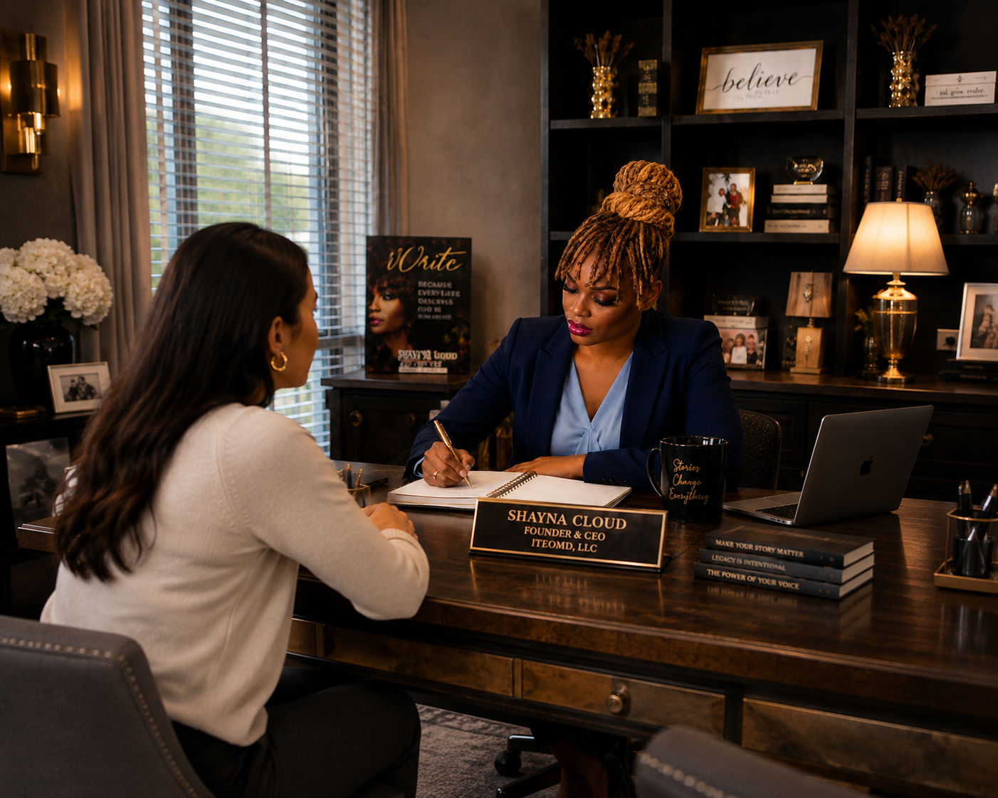 Shayna Cloud meeting with a client to document memories and preserve a personal legacy story.