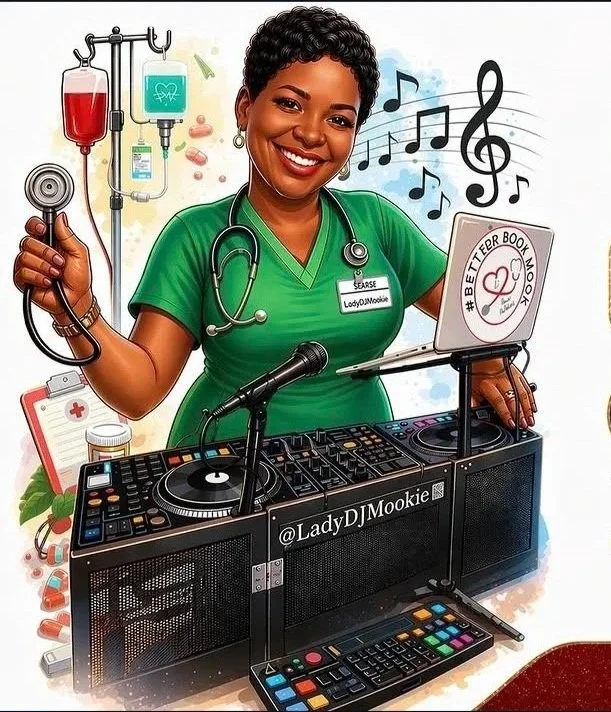 Logo for DJ NURSE MOOKIE, highlighting a creative partnership in preserving memories through music, movement, and health.