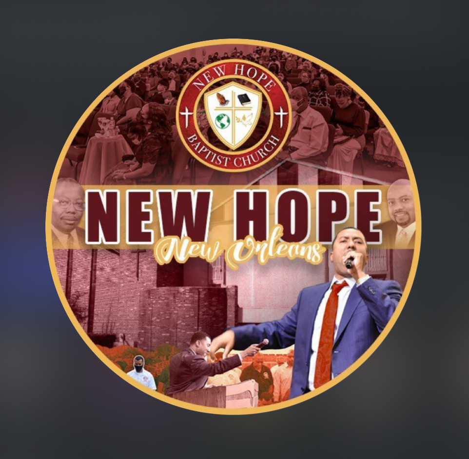 A circular logo for New Hope Baptist Church in New Orleans. The logo features images of people gathered in a church and someone speaking or singing with a microphone. The church's emblem is at the top, with a cross, a Bible, a dove, and a globe. The text includes 'New Hope Baptist Church' and 'New Hope New Orleans'.