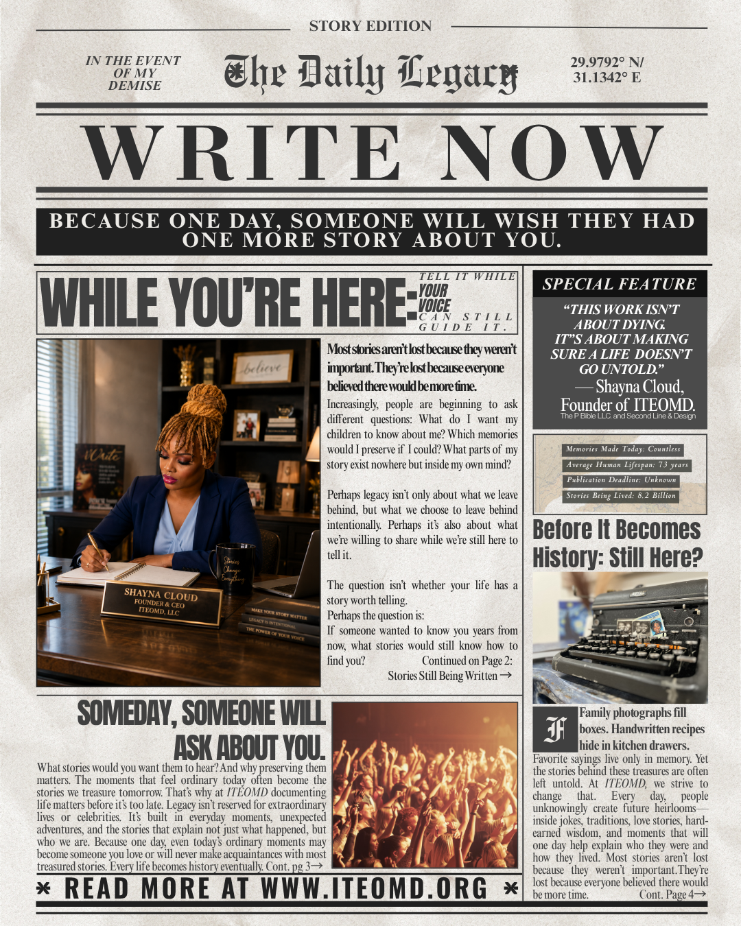 Custom newspaper-style legacy poster featuring original storytelling, editorial design, and heirloom keepsake artwork by In The Event of My Demise.
