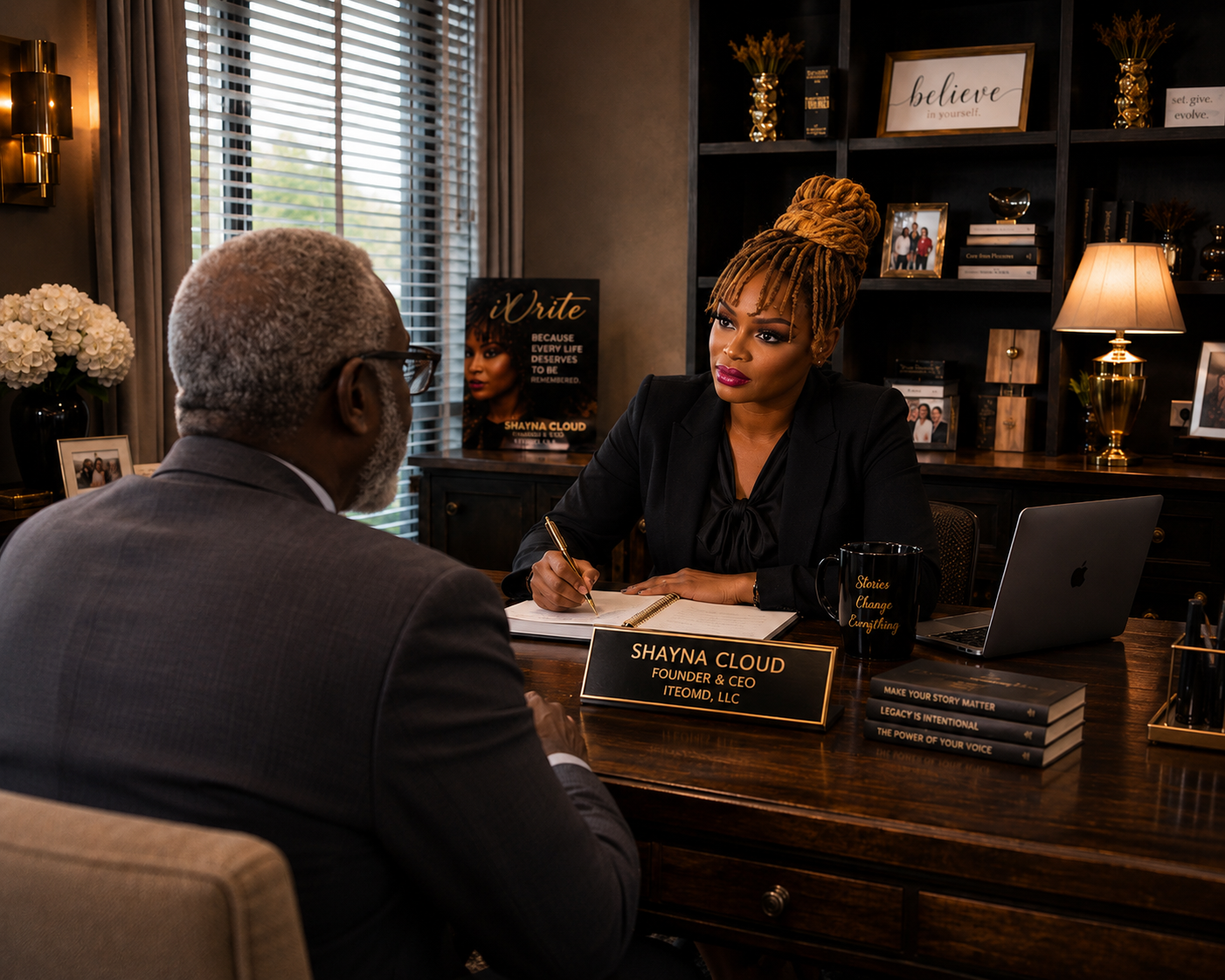 Shayna Cloud meeting with a client to document memories and preserve a personal legacy story.