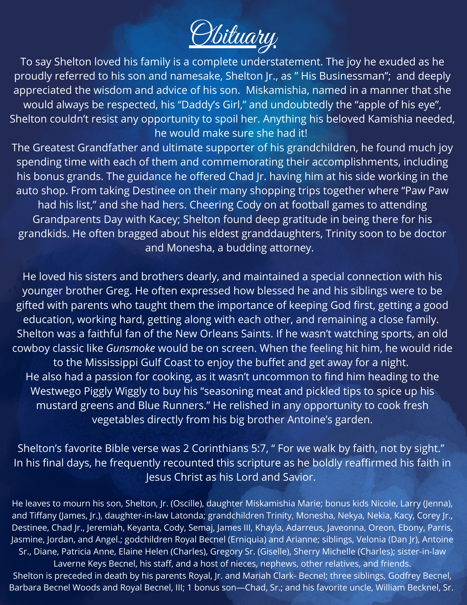 Digital obituary for Shelton Becnel Sr. presented as part of a professionally designed memorial and legacy archive.