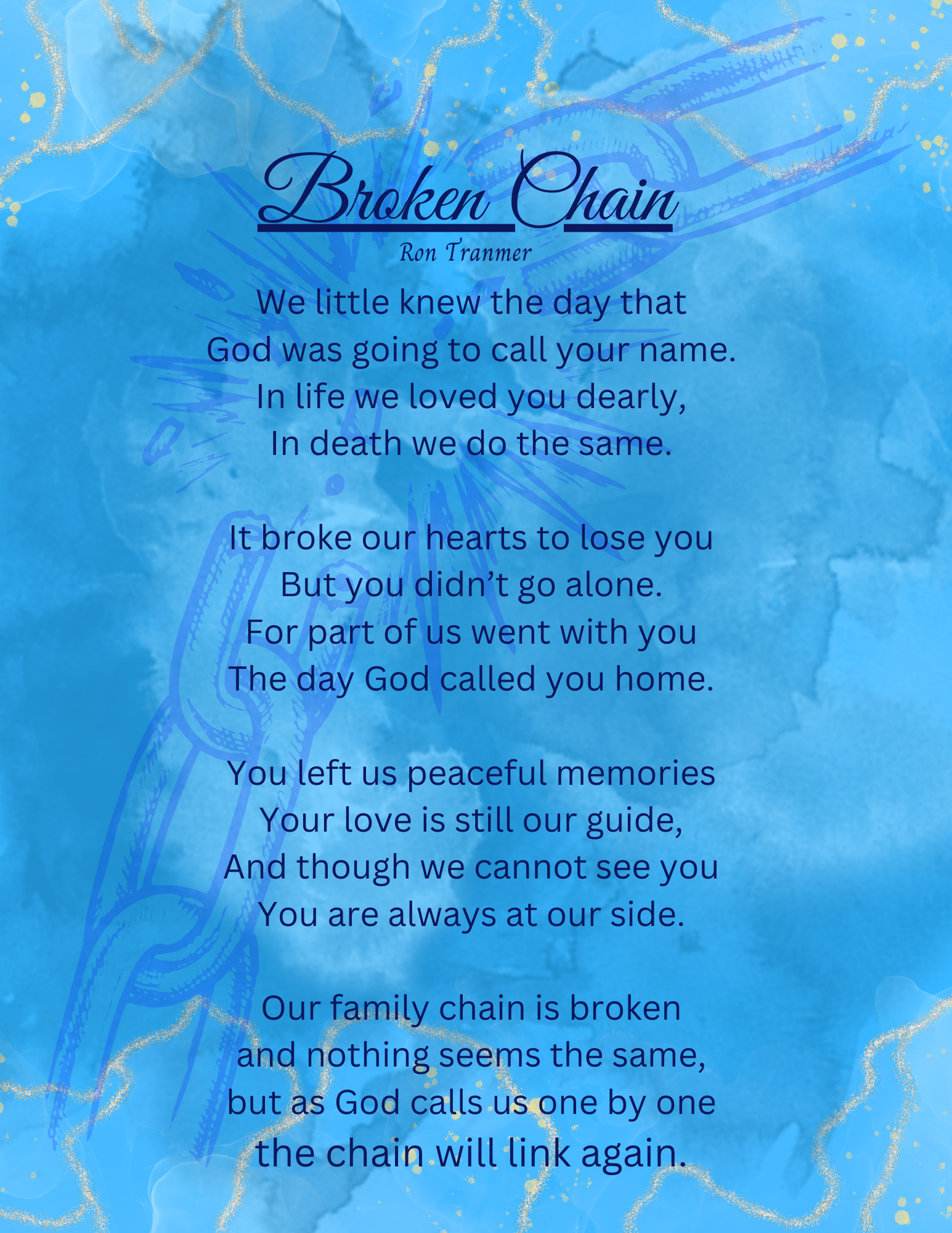 Digital obituary for Shelton Becnel Sr. presented as part of a professionally designed memorial and legacy archive. A memorial or funeral poem titled "Broken Chain" by Ron Tranmer.