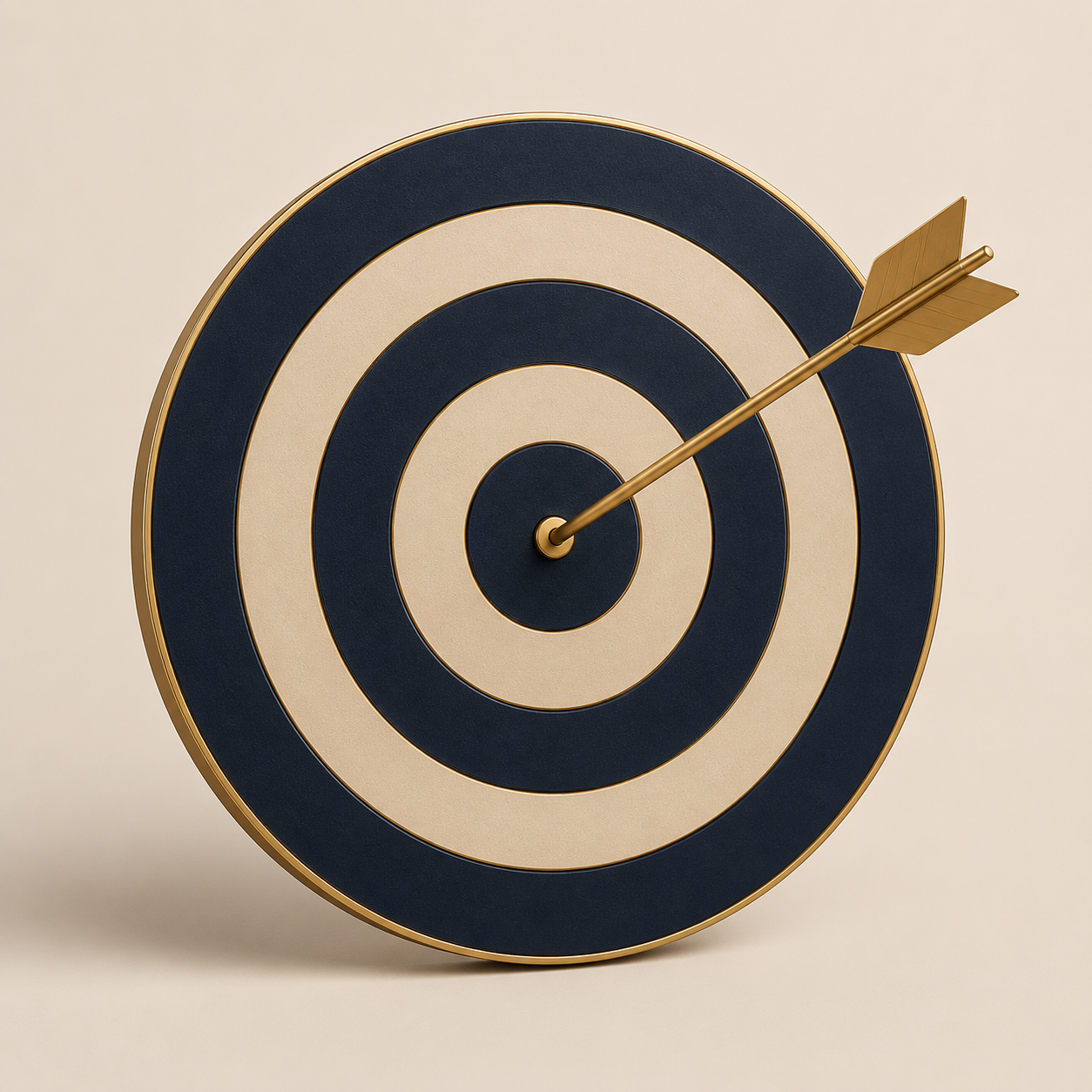 A target with black and beige concentric rings and a gold arrow hitting the bullseye.