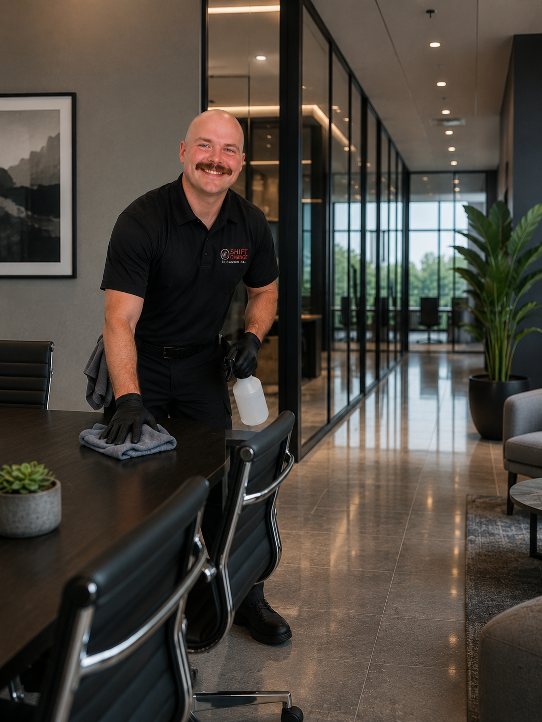 A man with a bald head and a mustache, dressed in a black polo shirt and black gloves, is cleaning a conference table with a gray towel in a modern office. He is smiling and holding a cleaning spray bottle. The office has glass partitions, large windows, and is decorated with a potted plant and a framed black-and-white photo.