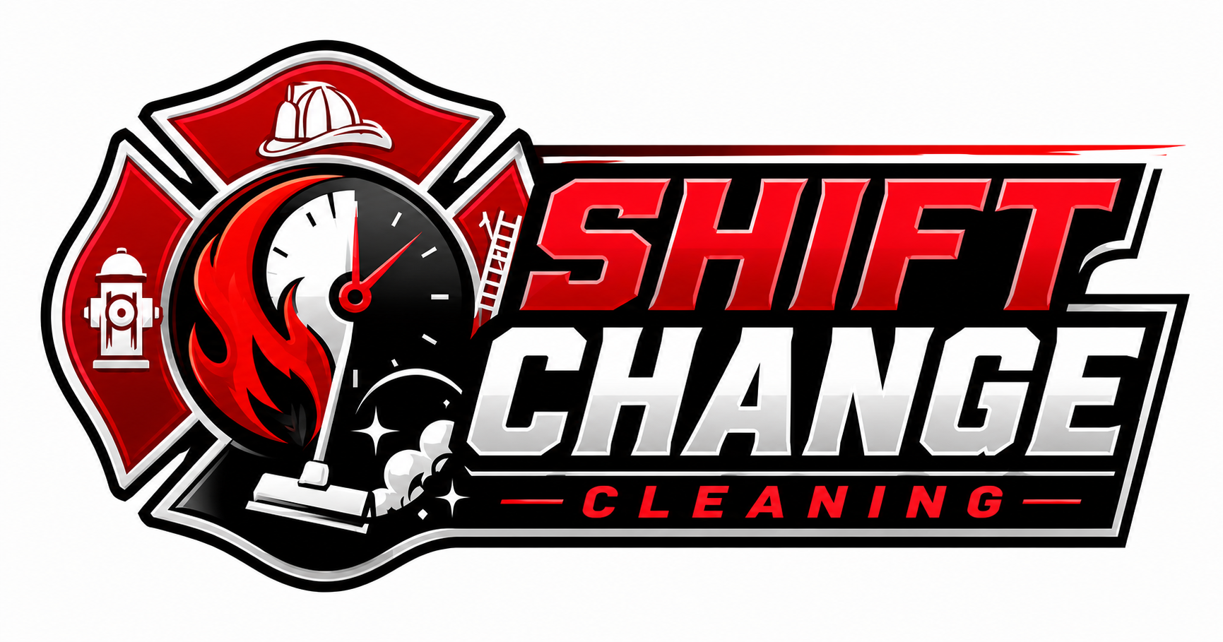 Logo for Shift Change Cleaning featuring firefighting elements, including a red firefighter's helmet, firefighter's badge, fire hydrant, and a flame, with text reading 'Shift Change' and 'Cleaning'.