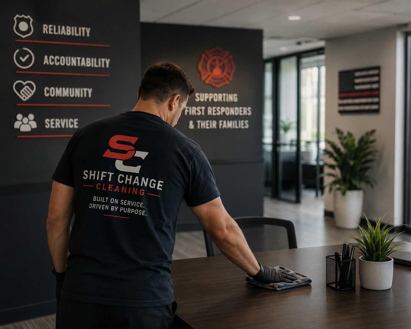 A man in a black shirt with the logo and text 'Shift Change Cleaning' is wiping a desk with a cloth in a modern office. The shirt also reads 'Built on service. Driven by purpose.' In the background, there are signs on the wall listing values such as reliability, accountability, community, and service, along with a wall display supporting first responders and their families. The office has large windows, potted plants, and an American flag wall decoration.