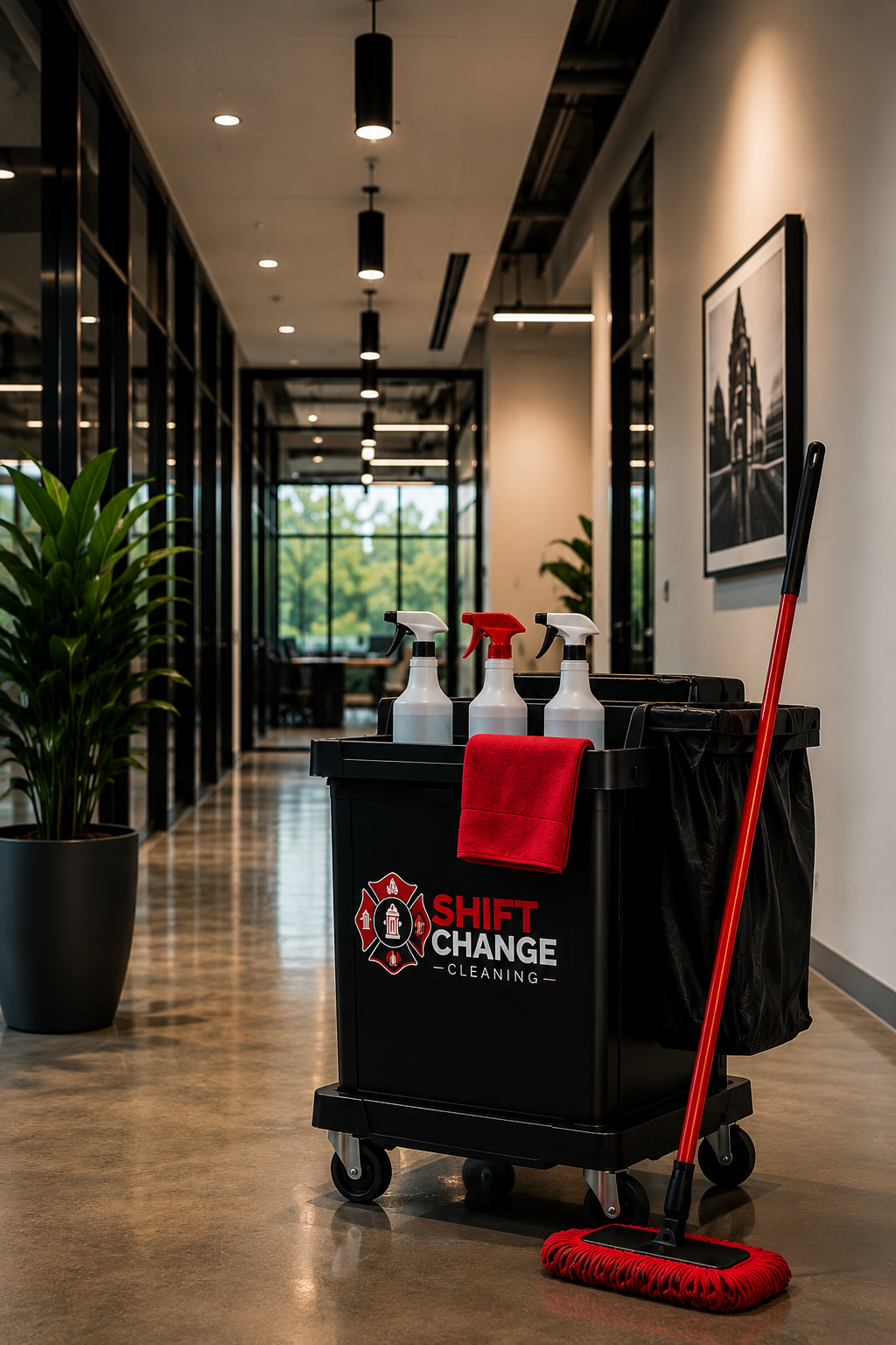 A cleaning cart with spray bottles, a red cloth, and a mop in a modern office hallway with black-framed glass walls and a potted plant.