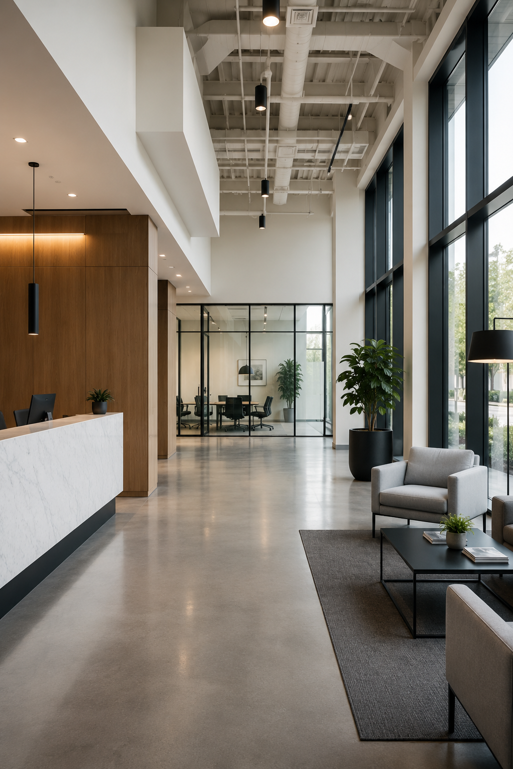 Modern office lobby with large floor-to-ceiling windows, white walls, wooden accent wall, marble reception desk, gray chairs, black coffee table, indoor plants, and glass-walled conference room in the background.