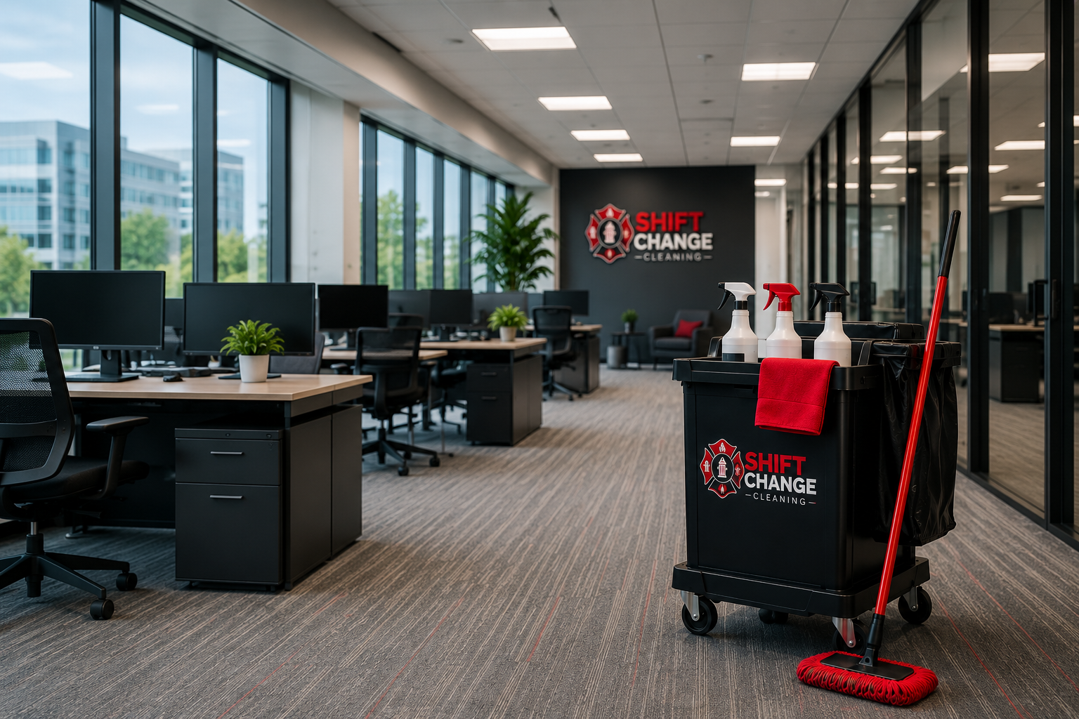 Empty modern office space with several desks, chairs, and computer monitors. A cleaning cart with spray bottles and cleaning supplies, along with a mop and trowel, is in the foreground. Large windows let in natural light, and a wall with the logo of Shift Change Cleaning is visible in the background.