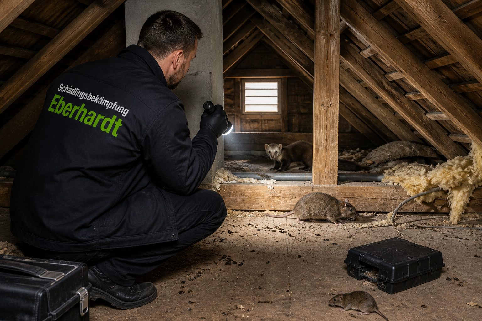 Kammerjäger Eberhardt bei  der Ratten, Mäuse und Mader Bekämpfung im haus / Dachboden