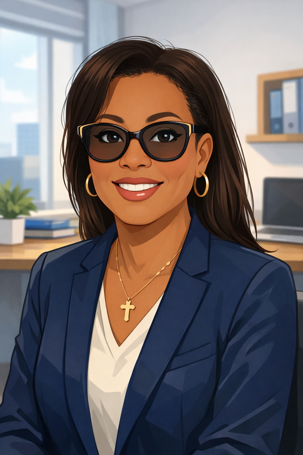 An animated woman wearing sunglasses, gold hoop earrings, and a cross necklace, sitting in an office with a computer, bookshelf, and window in the background.