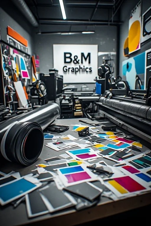 Printing press in a graphic design studio with color swatches, printers, and signage that reads 'B&M Graphics'.